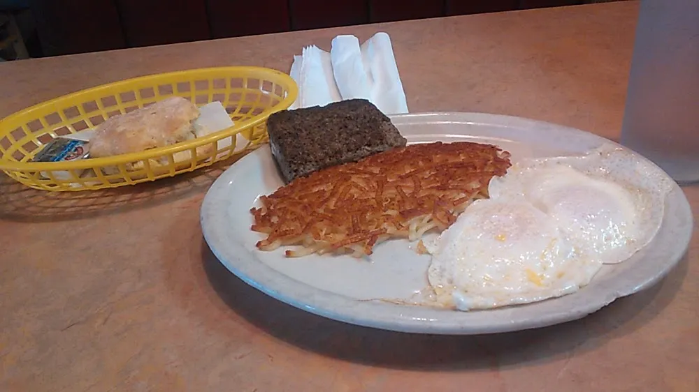 2 Eggs over Medium with Liver Mush and Hash Browns