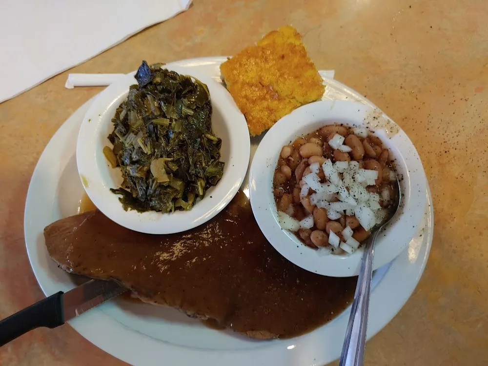 Roast Beef& Gravy Turnip Greens and Pinto Beans & Onions